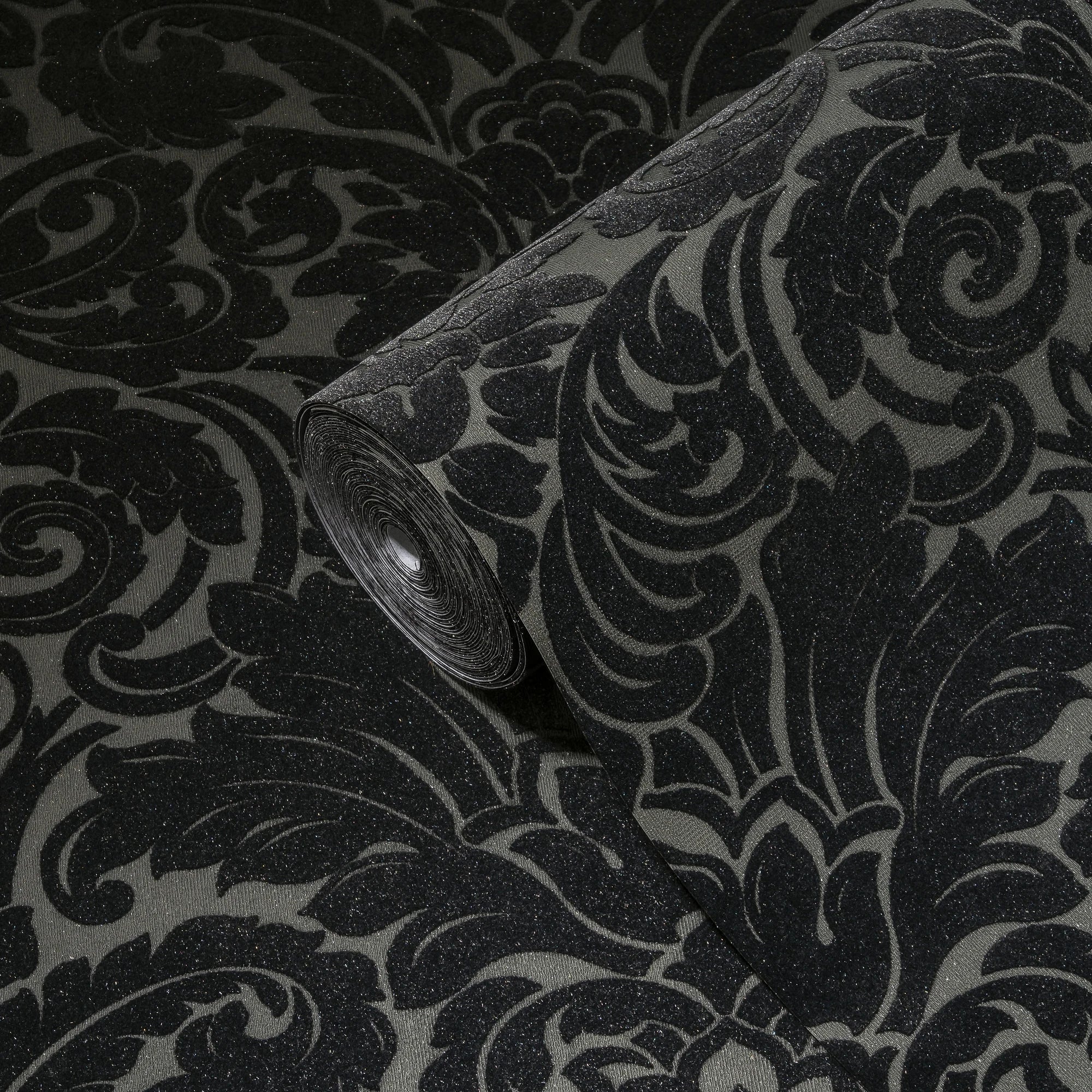Germany Made Velvet Flock Damask Wallpaper Rolls Wash Light Resistant Modern Design Hotel Use Black Grey Non Living Room Kitchen