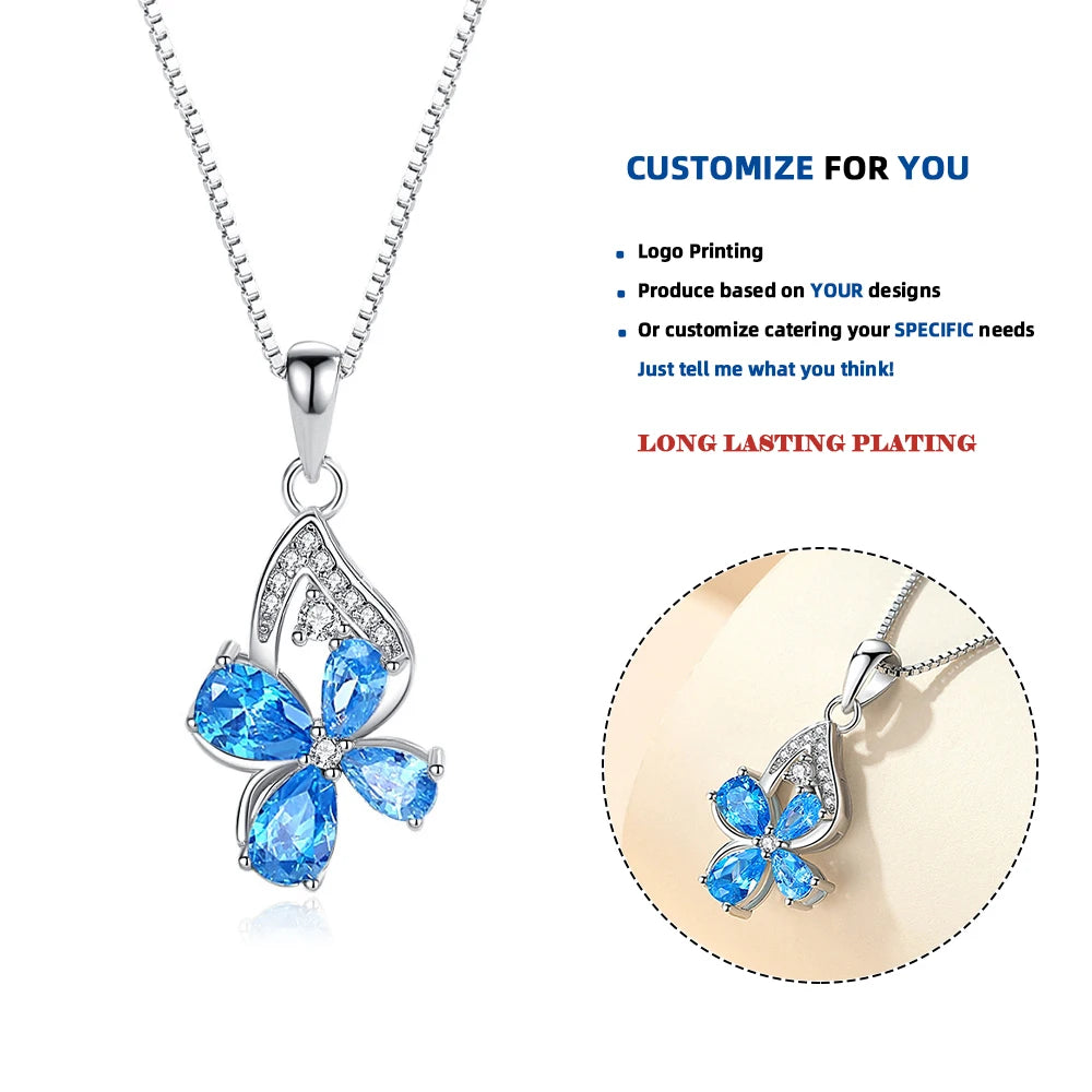 D310 S925 Flower Sterling Silver Necklace Fashionable Women's Jewelry with Exquisite Butterfly Amethyst Pendant
