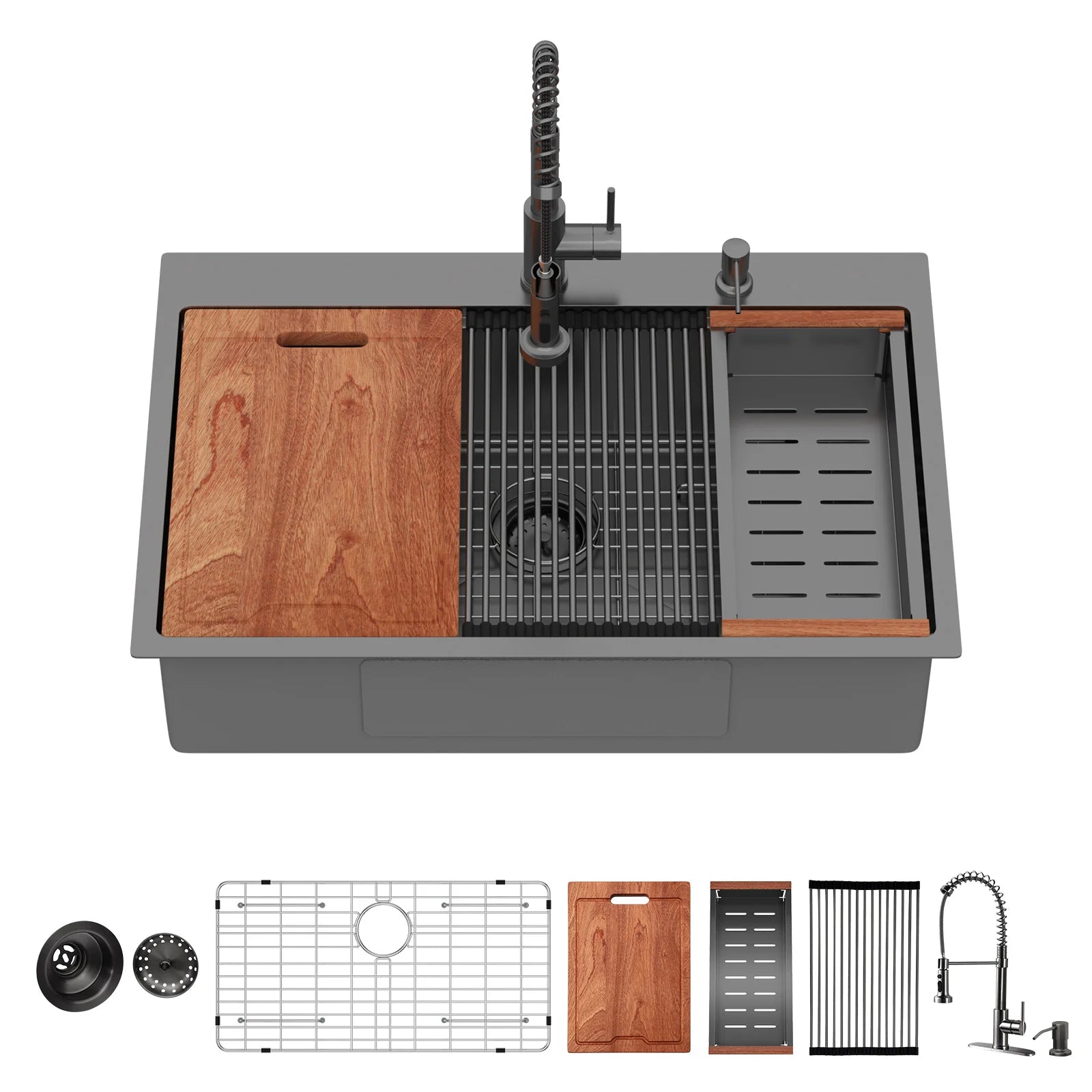 US Warehouse 16 Gauge Stainless Steel Single Bowl with Cutting Board 33 Inches Drop-in Workstation Black Kitchen Sink