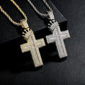Hip Hop Shiny CZ Crown Cross Pendant Iced Lab Created Cubic Zirconia Brass Gold Plated Rope Chain Crucifix Charm Christian