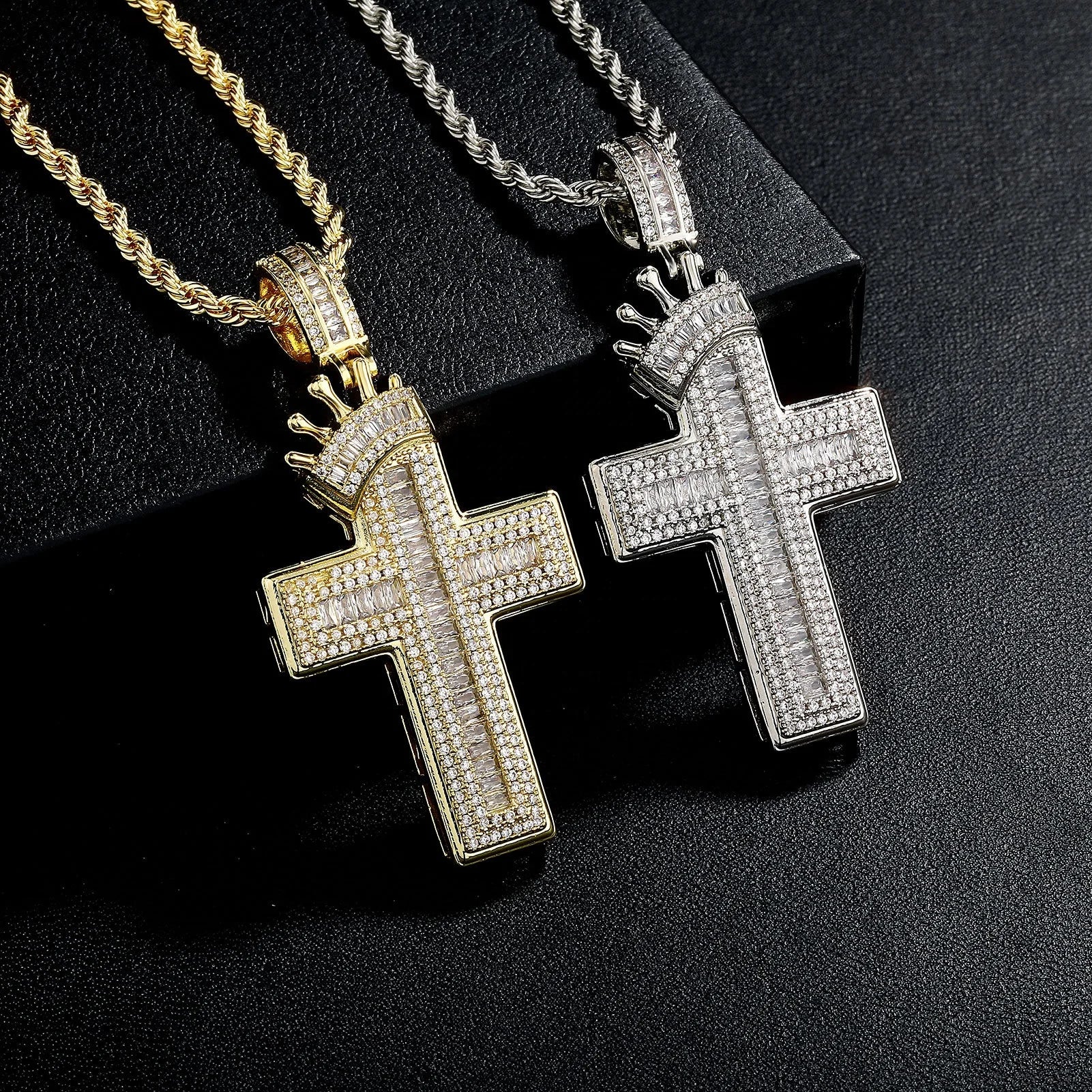 Hip Hop Shiny CZ Crown Cross Pendant Iced Lab Created Cubic Zirconia Brass Gold Plated Rope Chain Crucifix Charm Christian