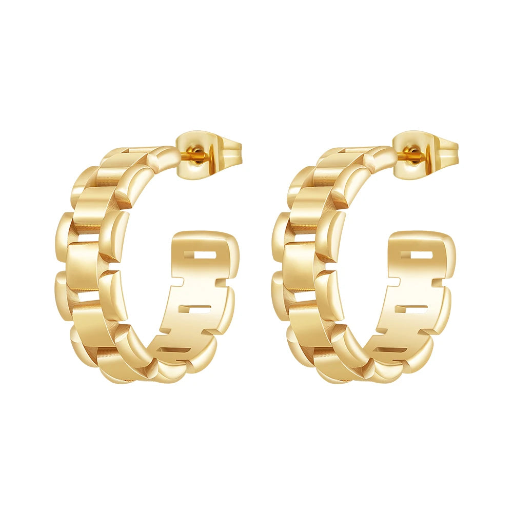 PVD 18K Gold Plated Stainless Steel Jewelry Watchband Chain Link C-Shape Hoop Earring Trendy for Women Gift Earrings E241579