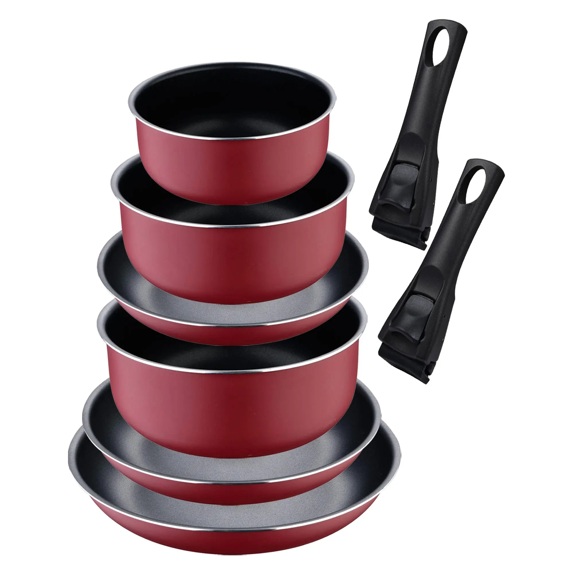 Set of 3 Frying Pans 182024cm with Removable Handle + 3 Saucepans 161820cm with Removable Handle - in Pressed Aluminum