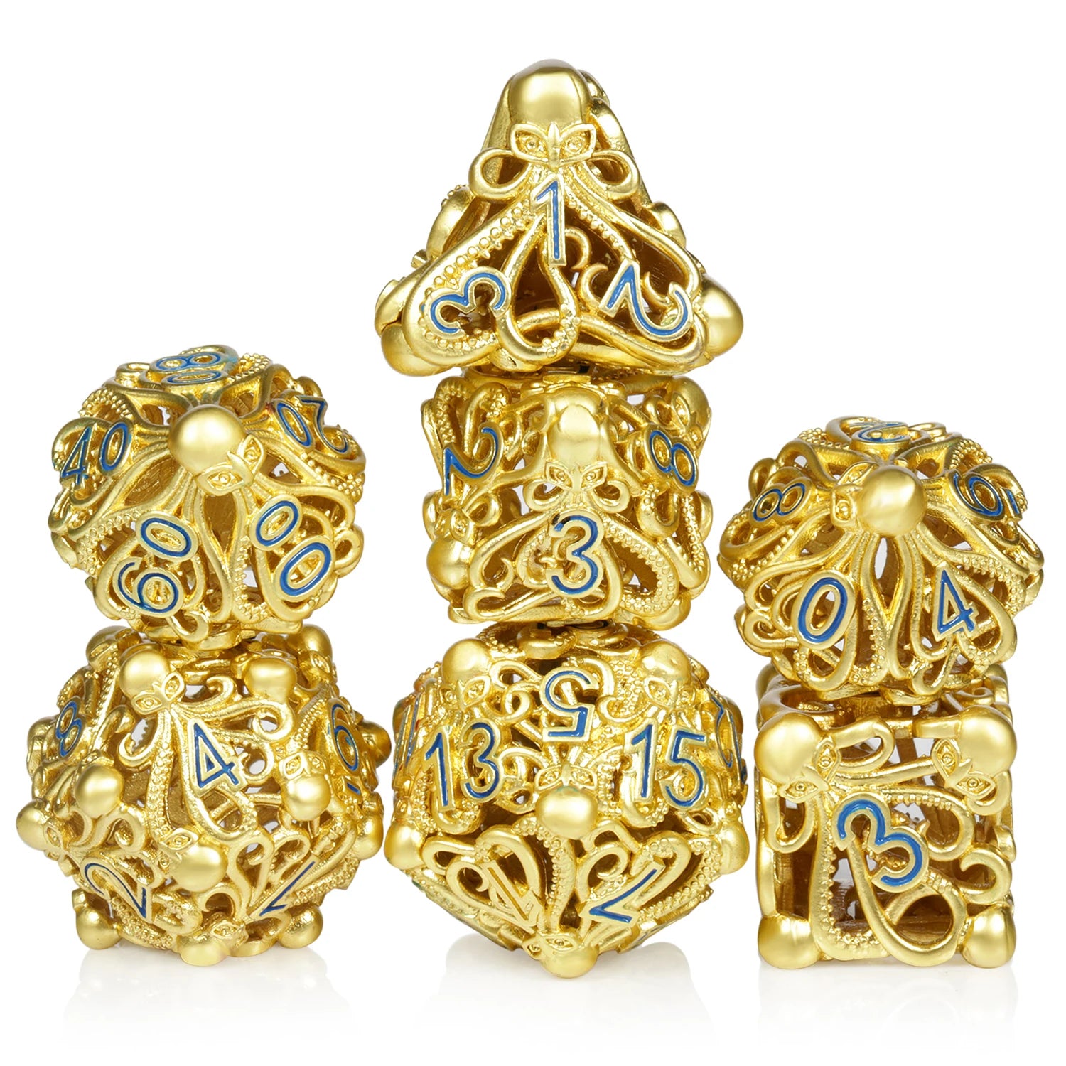 New Design Square Polyhedral Hollow Metal DND Dice Set with Custom Octopus Design for Dungeons and Dragons Tabletop Game