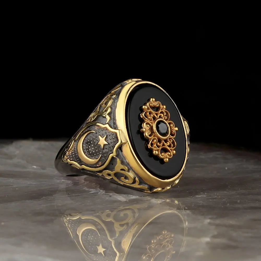 Wholesale 925 Sterling Made Ottoman Style Men's Ring. Rhodium and Gold Bi-color Turkey Model RCEGYT-248