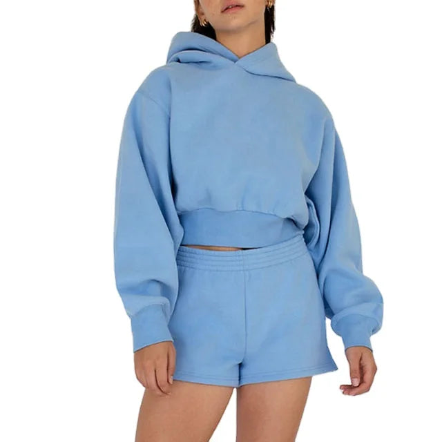 PromotionXS Summer Ribbed Fleece Anti-Pilling Women's Two-Piece Lounge Wear Set Short Sleeves Legging Pants Hoodie Wholesale