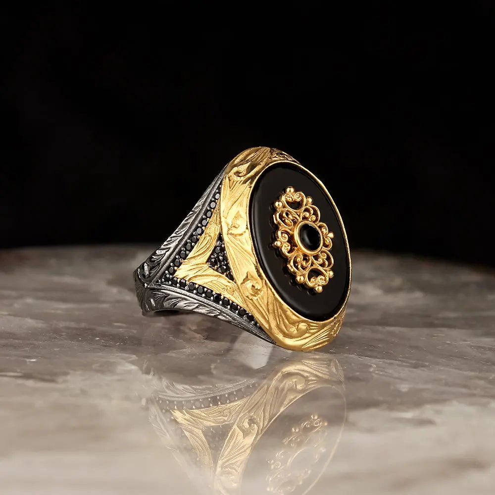 Wholesale 925 Sterling Ottoman Style Men's Ring Bi-Color Rhodium and Gold Model RCEGYT-158 Made in Turkey