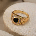 RINNTIN NMR09 Punk Hollow Carved Gold Plated Ring for Men Black Agate with 4A CZ S925 Silver Black Gem Onyx Agate Ring