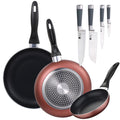 Set of 3 frying pans 16/20/24 cm pressed aluminum suitable for induction + Set of 4 kitchen knives: Chef Santoku Paring