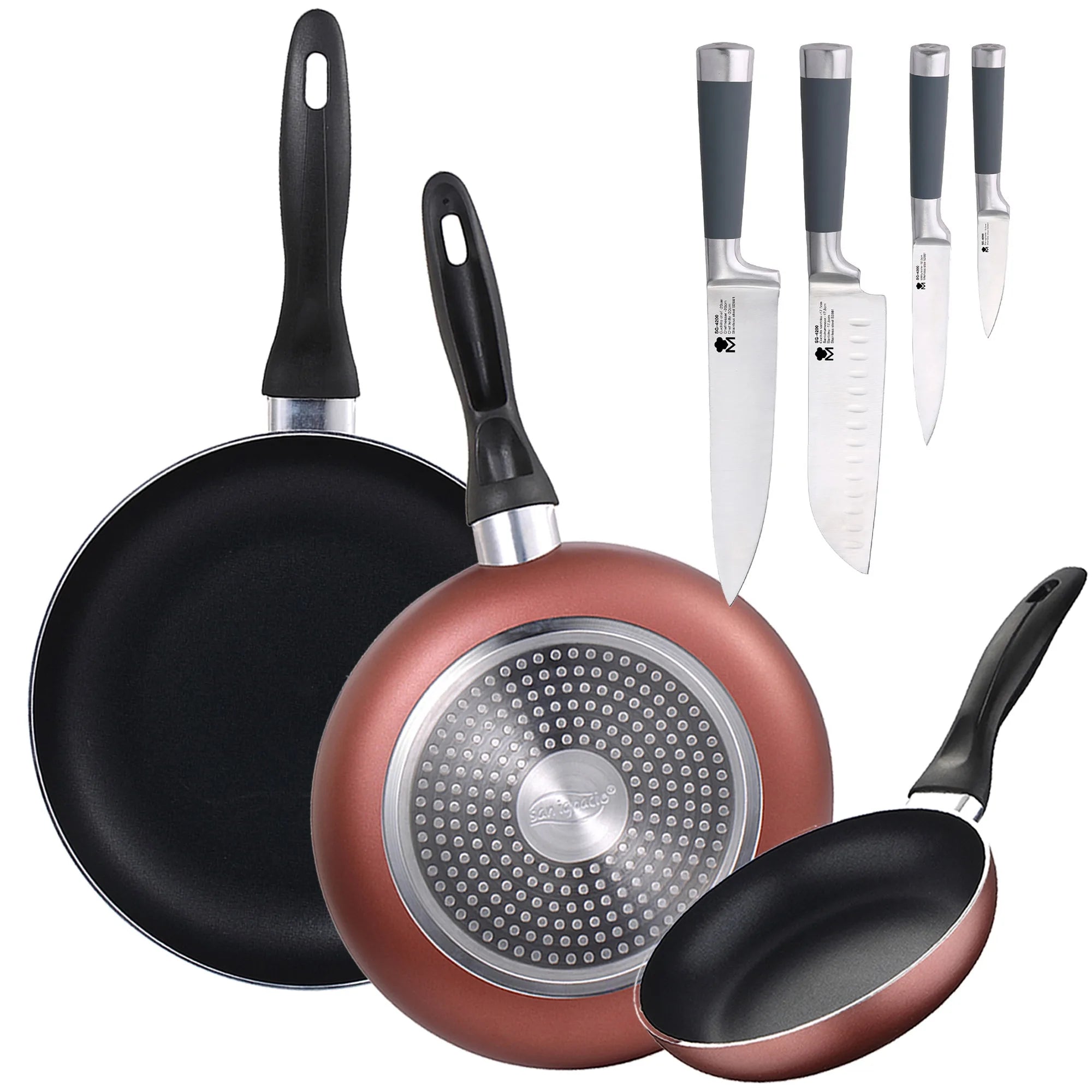 Set of 3 frying pans 16/20/24 cm pressed aluminum suitable for induction + Set of 4 kitchen knives: Chef Santoku Paring