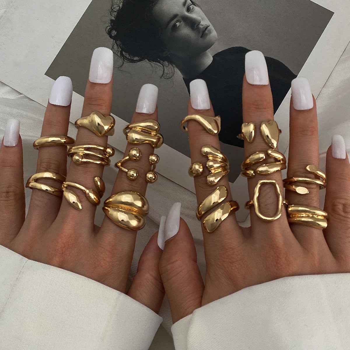 16Pcs/Set New Design Punk Style Geometric Design Shell Heart Ring Set for Women Jewelry Wholesale