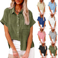 2026 Custom OEM Women's Blouses Shirts for Women Cotton Linen Shirt Short Sleeve Pocket Top Factory Private Label Wholesale ODM