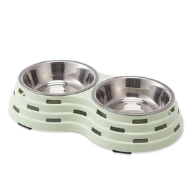 Wholesales Hollow Patterns Double Dog Food Dispenser Stainless Steel Pet Bowl