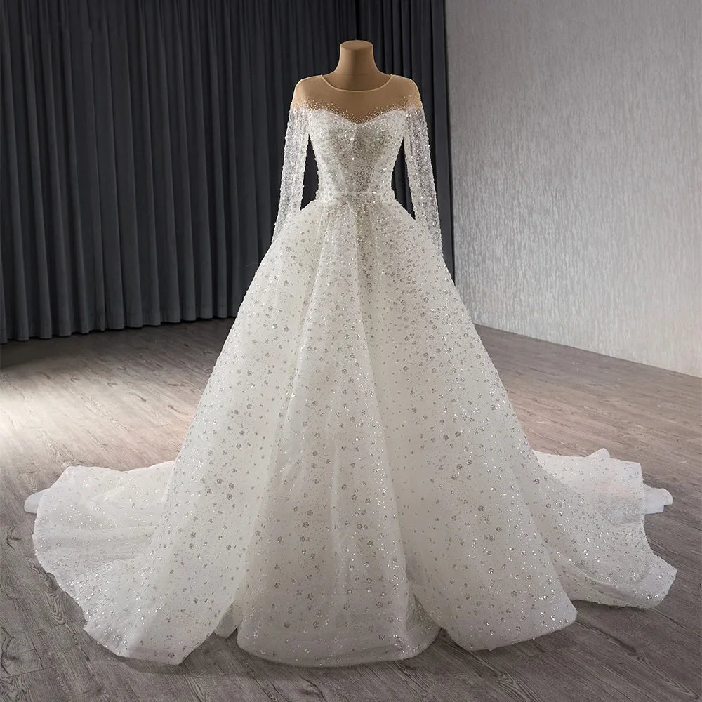 Jancember 241079 Exclusive Long Sleeve Mermaid Wedding Sequins Dresses With Overskirt