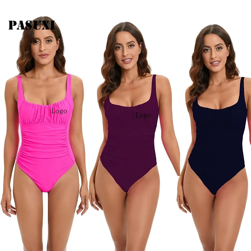 PASUXI Wholesale Trendy Tube Top Pleated Bathing Suit Slim Waist with Thin Straps Beach Holiday One Piece Swimsuit Nylon