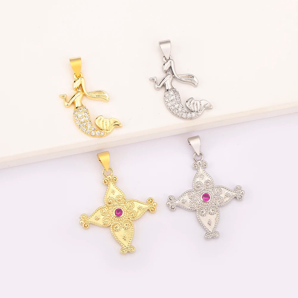 QIKU Wholesale Trendy Mermaid and Floral Cross Pendant 18K Gold Plated Copper with Zircon for Jewelry Necklace Making