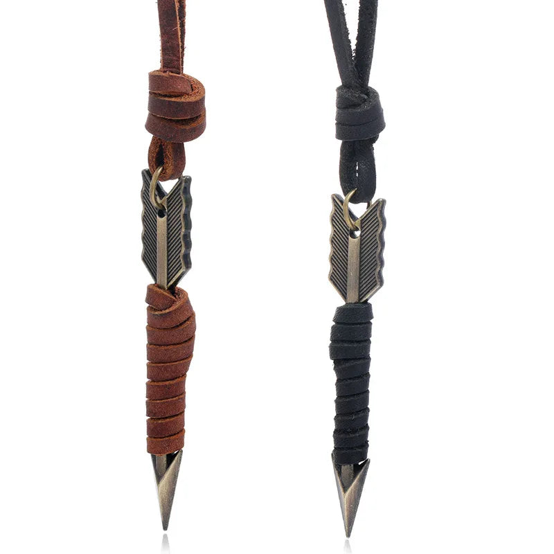 Cool Personalized Leather Sweater Necklace Retro Punk Leather Arrow Necklace for Men