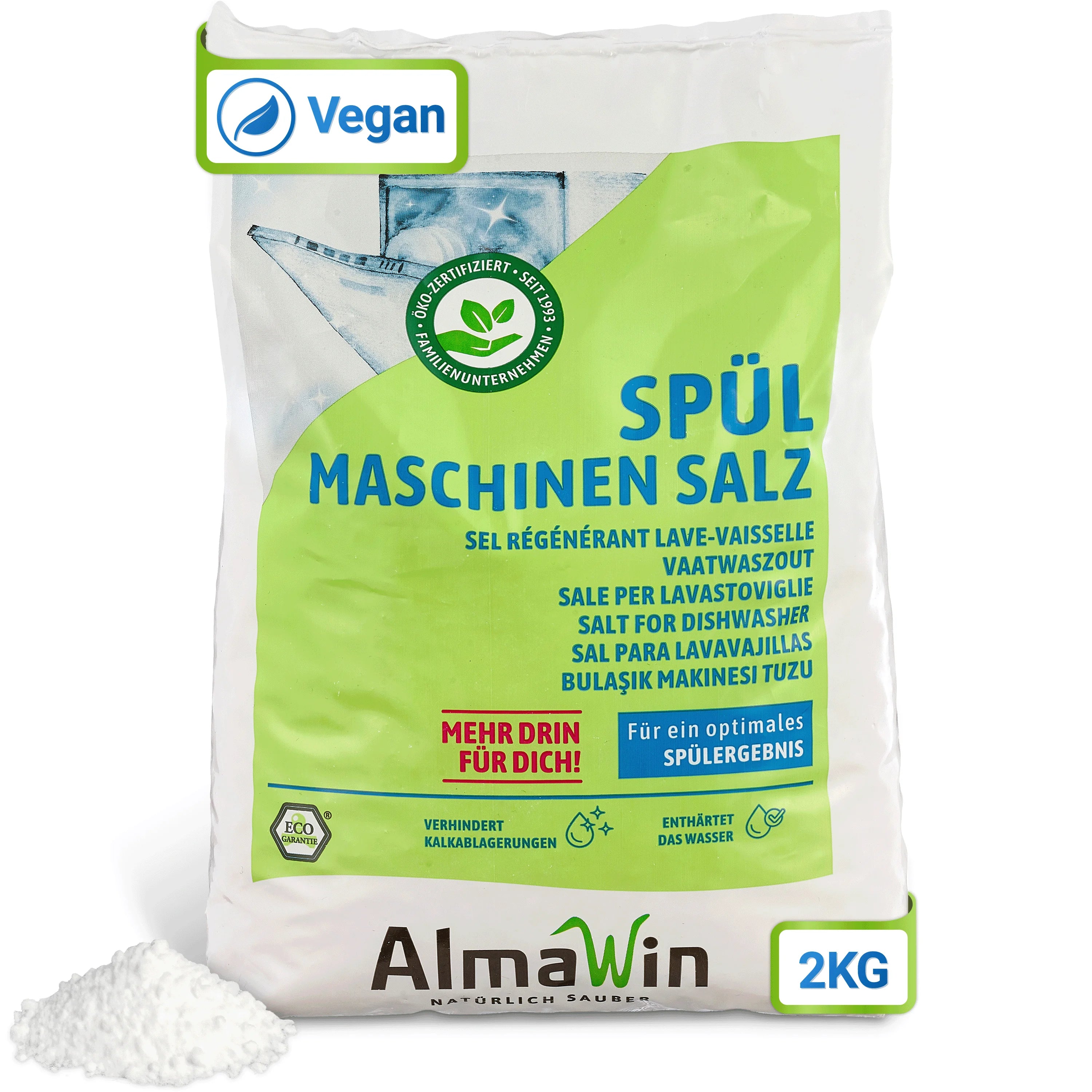 AlmaWin RTS 1 Dishwasher Salt 2Kg Limescale Protection For All Dishwashers Regeneration Vegan Pure Coarse Water Softener