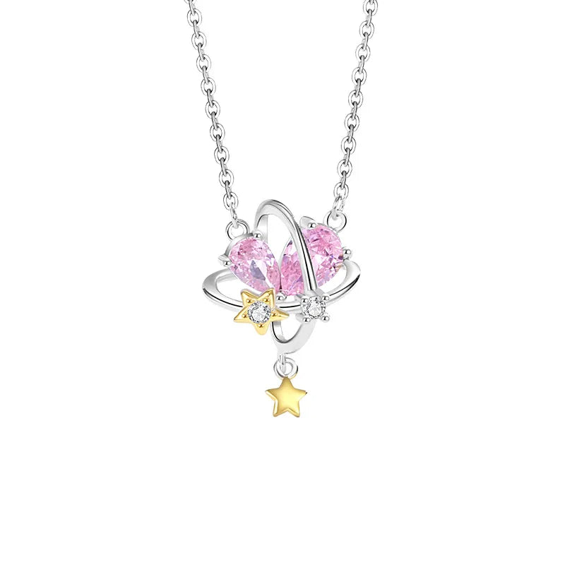 Fashion Women Jewelry 925 Pure Silver Heart Star Necklace for Women Valentine's Day Gift Solid Silver Collarbone Chain