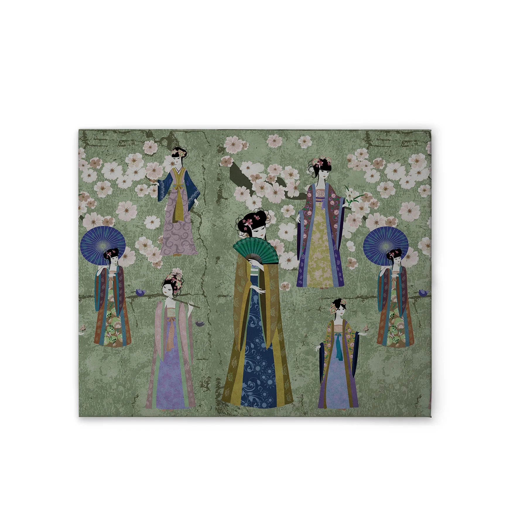 Made In Germany - Home Decor Canvas Picture Asian - Wall Painting Mural In Green And Blue - Canvas Picture On Stretcher Frame