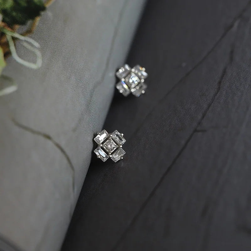 Dazzling Square Cubic Zircon Studs Minimalist Sterling Silver Earrings
