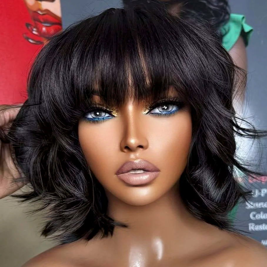 Super Double Drawn Brazilian Human Hair Wigs Wholesale Short Cut Pixie Wave bob Swiss Lace Frontal Curly Wig With Bangs MegaBDM