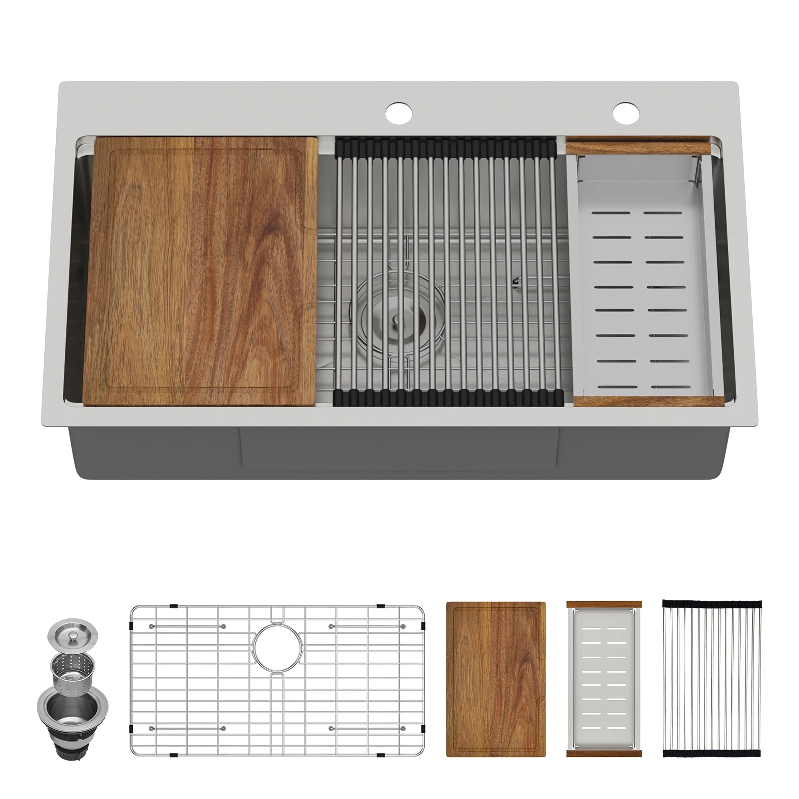 US Warehouse Sarlai Handmade Brushed 304 Stainless Steel Drop-In Kitchen33*19 Inch 304 Single Bowl Workstation Sink