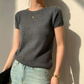 American Style Short-Sleeve T-Shirt for Women - Spring/Summer 2025 New Collection Slim-Fit Base Layer Stretchy Wool Knit Top