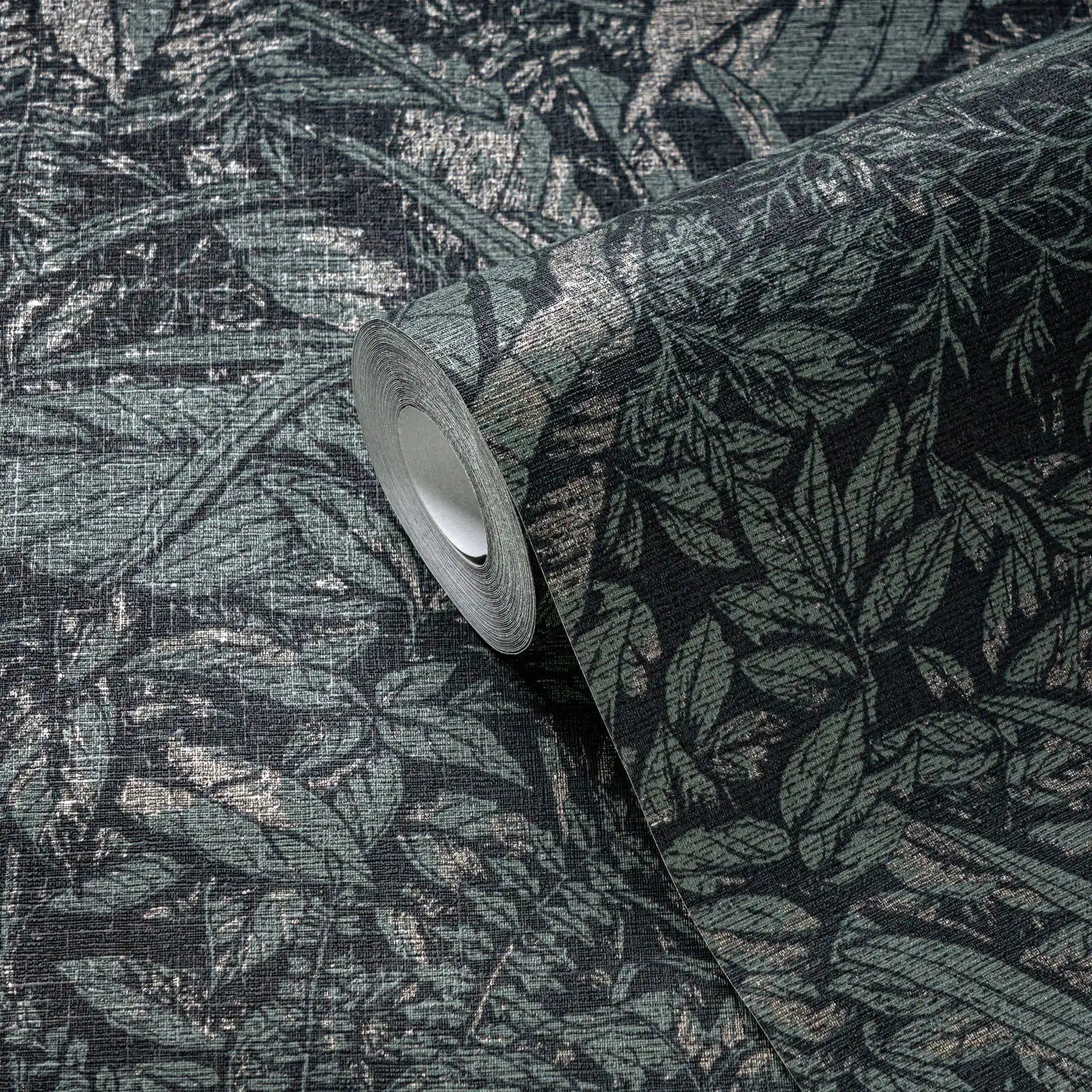 Made in Germany - Wallpaper rolls Natural Green Black Silver Metallic - Non Woven Vinyl - Wallpaper Floral - 1005 x 053 m