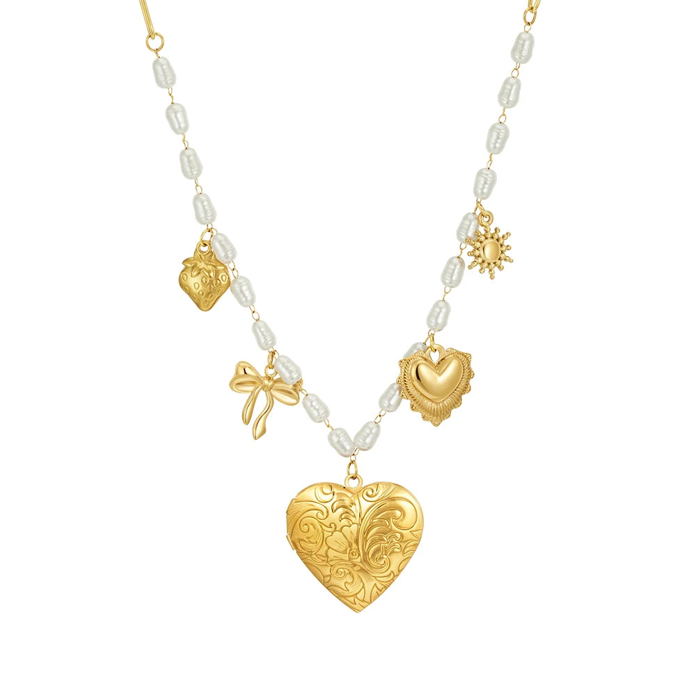 Latest 18K Gold Plated Stainless Steel Jewelry Pearl Chain Butterfly Knot Heart Pendant Can Put Picture Women Necklace P243476