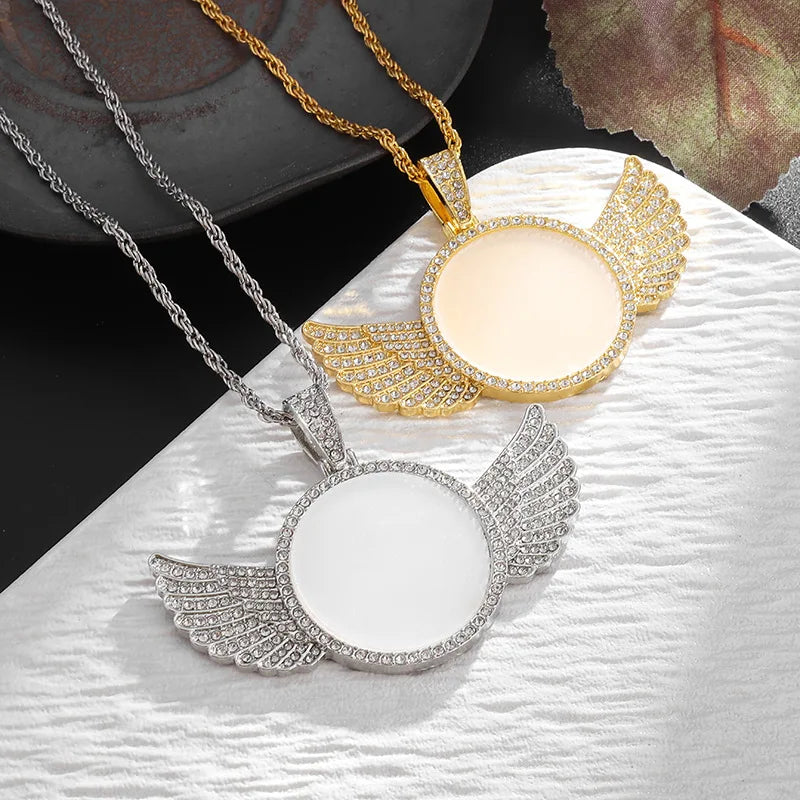 Hip Hop Jewelry Oval Necklace Charming Zircon Angel Wing Sublimation Blank Necklace to My Daughter
