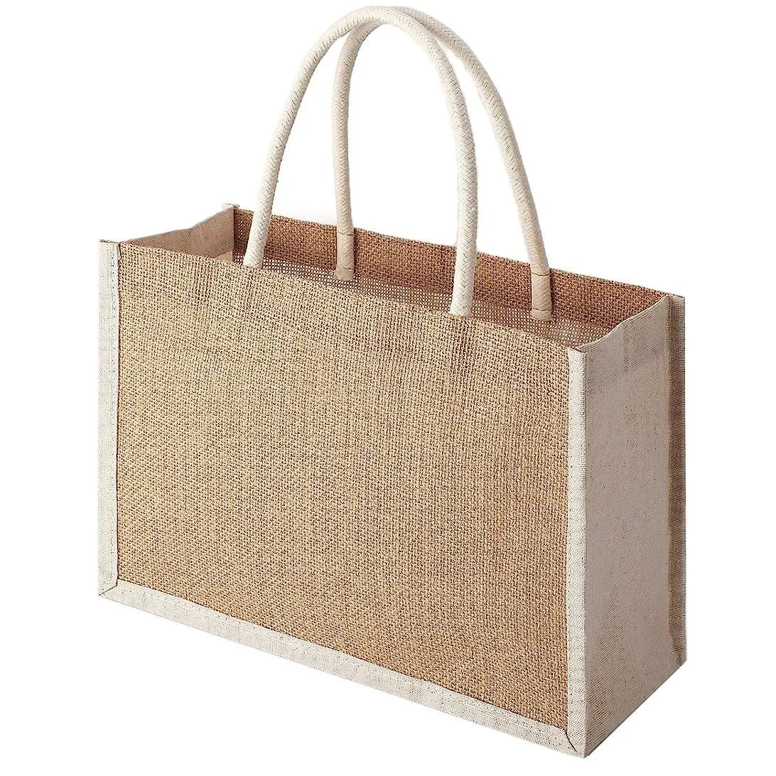 Eco Friendly Wholesale Natural Reusable Inner Lamination Laminated Linen Hessian Beach Grocery Shopping Jute Burlap Tote Bag
