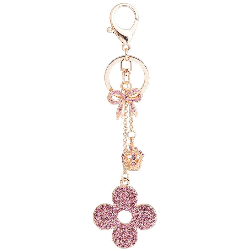 Cute Bling Diamond Crown Four Leaf Clover Flower Keychain Crystal Rhinestone Lucky Bow Keyring Glitter Key Chain for Women Girl