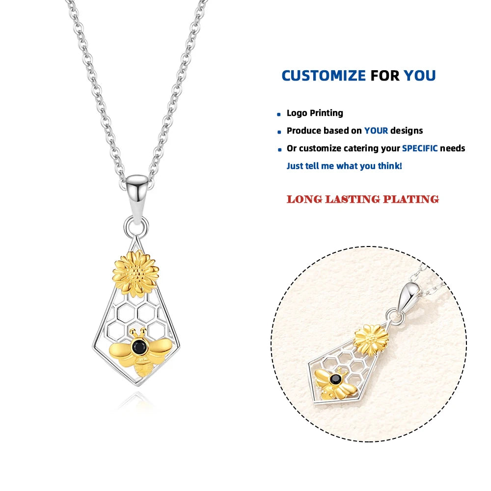 DY925 Cute Crystal Bee Sunflower Necklace Fashion Hollow Honeycomb Pendants Silver Color Chain Necklaces for Women