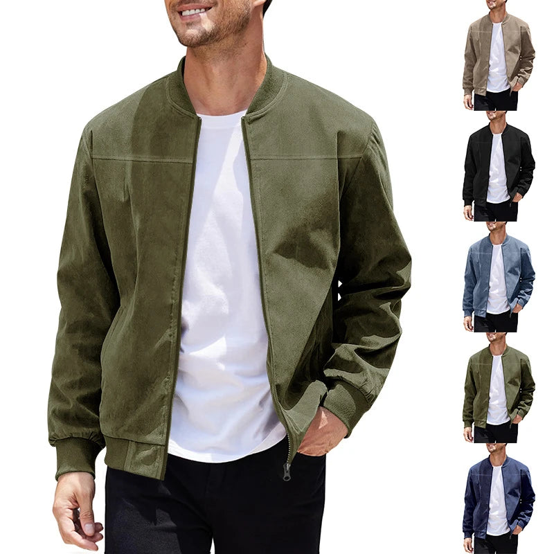 High-quality Autumn Suede Fabric Solid-color Fashionable Men's Zipper Jacket Casual Retro Long-sleeved Cardigan Coat for Men MegaBDM