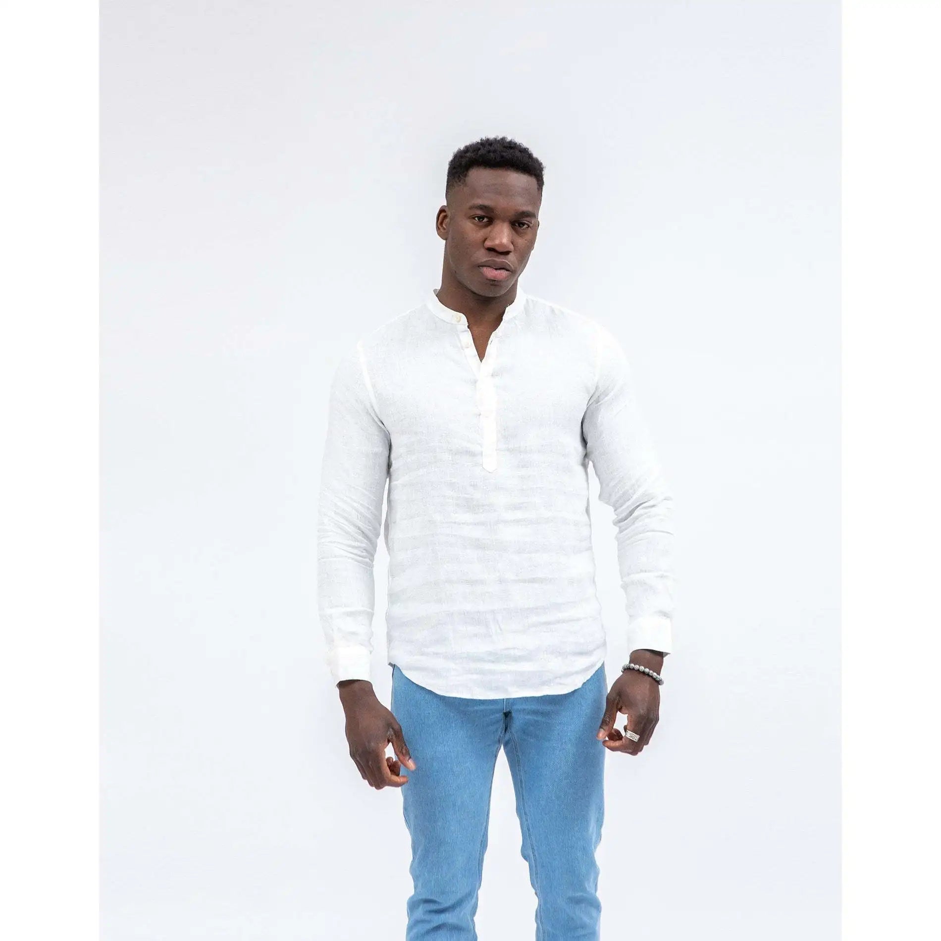 Soft Feel Button Placket Regular Fit Imperio Casual Autumn Breathable Down Collar Linen Full Sleeve Shirt Men White Color
