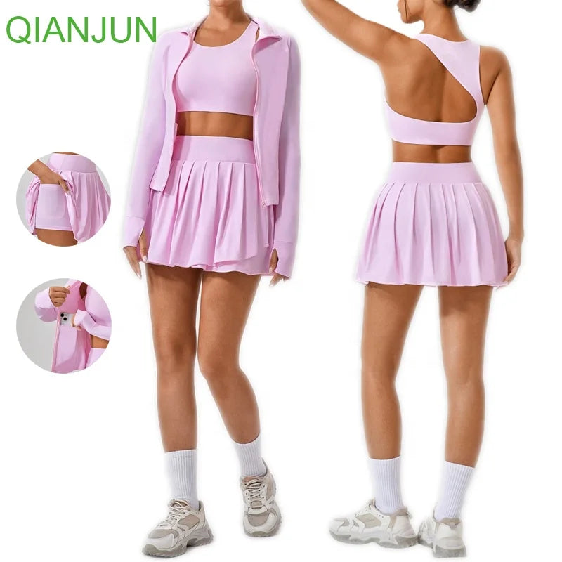 Custom Women Summer Ice Silk Sunscreen Clothing Gym Fitness Sportswear Long Sleeve Tops and Tennis Skirts Yoga Set