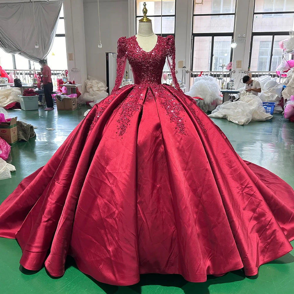 Jancember XS070 Vintage Satin Sequins Red Ball Gown Evening Party Dresses