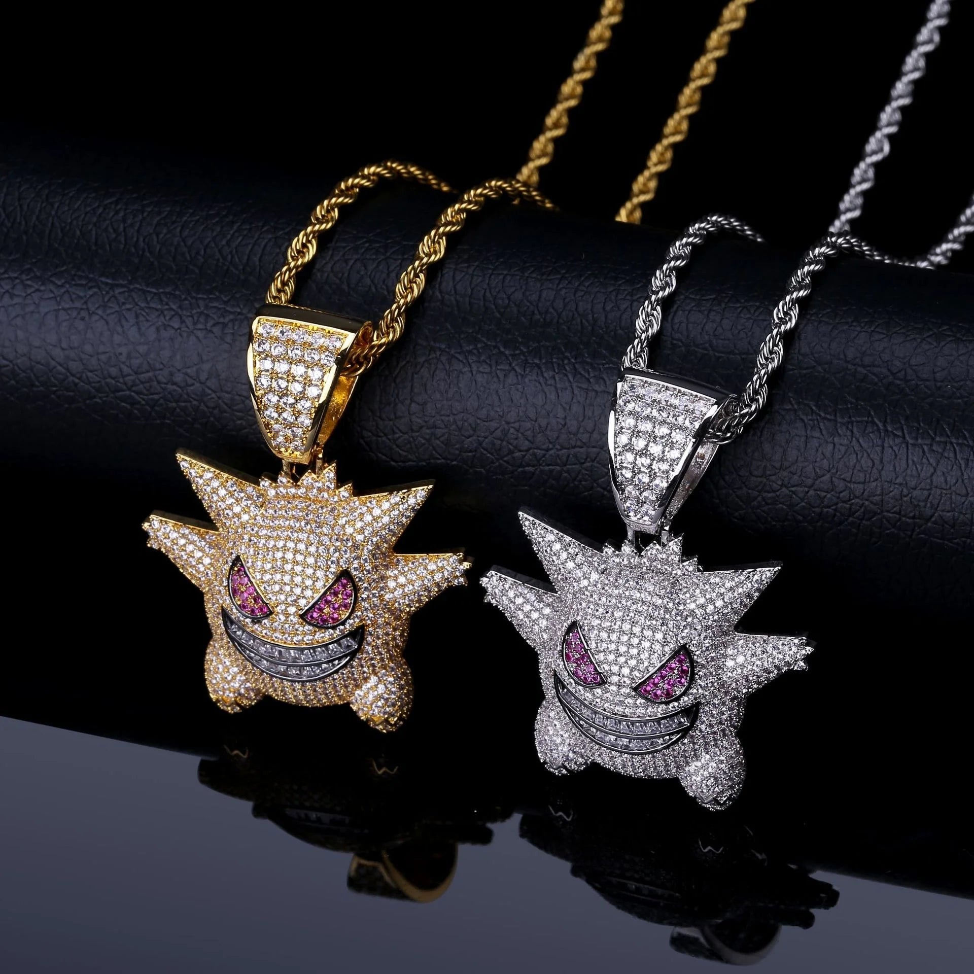 Wholesale Iced Out Anime Unique Gengar Charm Necklace Jewelry Gift Hip Hop Pet Elf Ghost Pendant with Stainless Steel Rope Chain