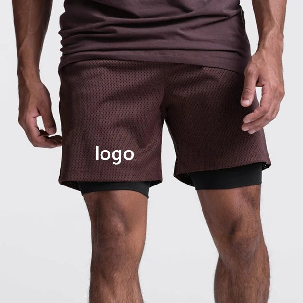 2 1 Double Layer Blank Sweat Mesh Shorts for Men High Elasticity Casual Solid Elastic Waist Anti-Wrinkle Manufactured Shorts