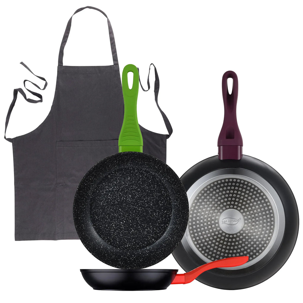 Set of 3 San Ignacio 20/24/28 forged aluminum frying pans induction compatible + Dark Grey 100% Cotton Kitchen Apron 75x80cm