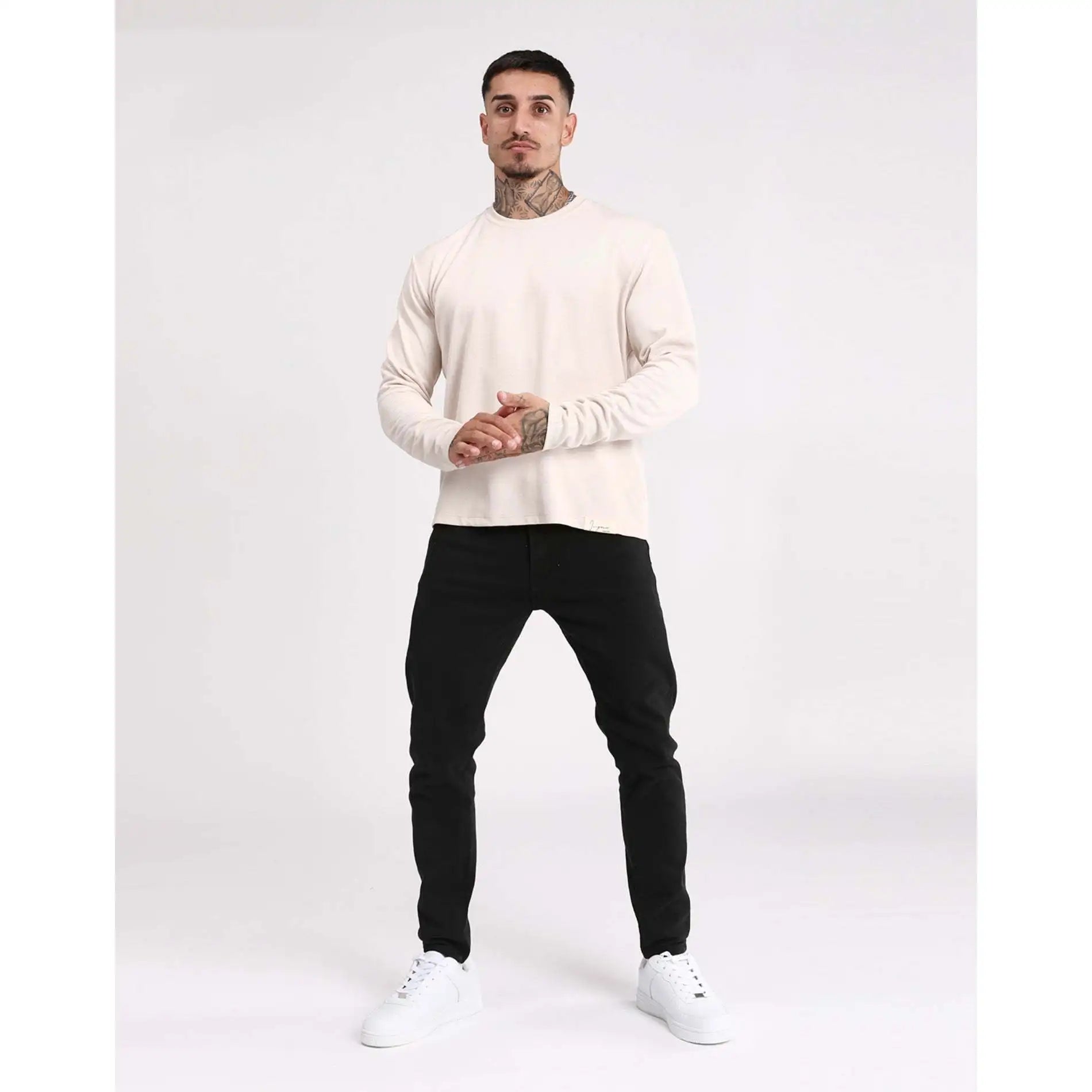 Imperio Shop Men's Slim Fit Casual Print Gray 220 Grams Empire Label Hem Breathable Long Sleeve T-Shirt