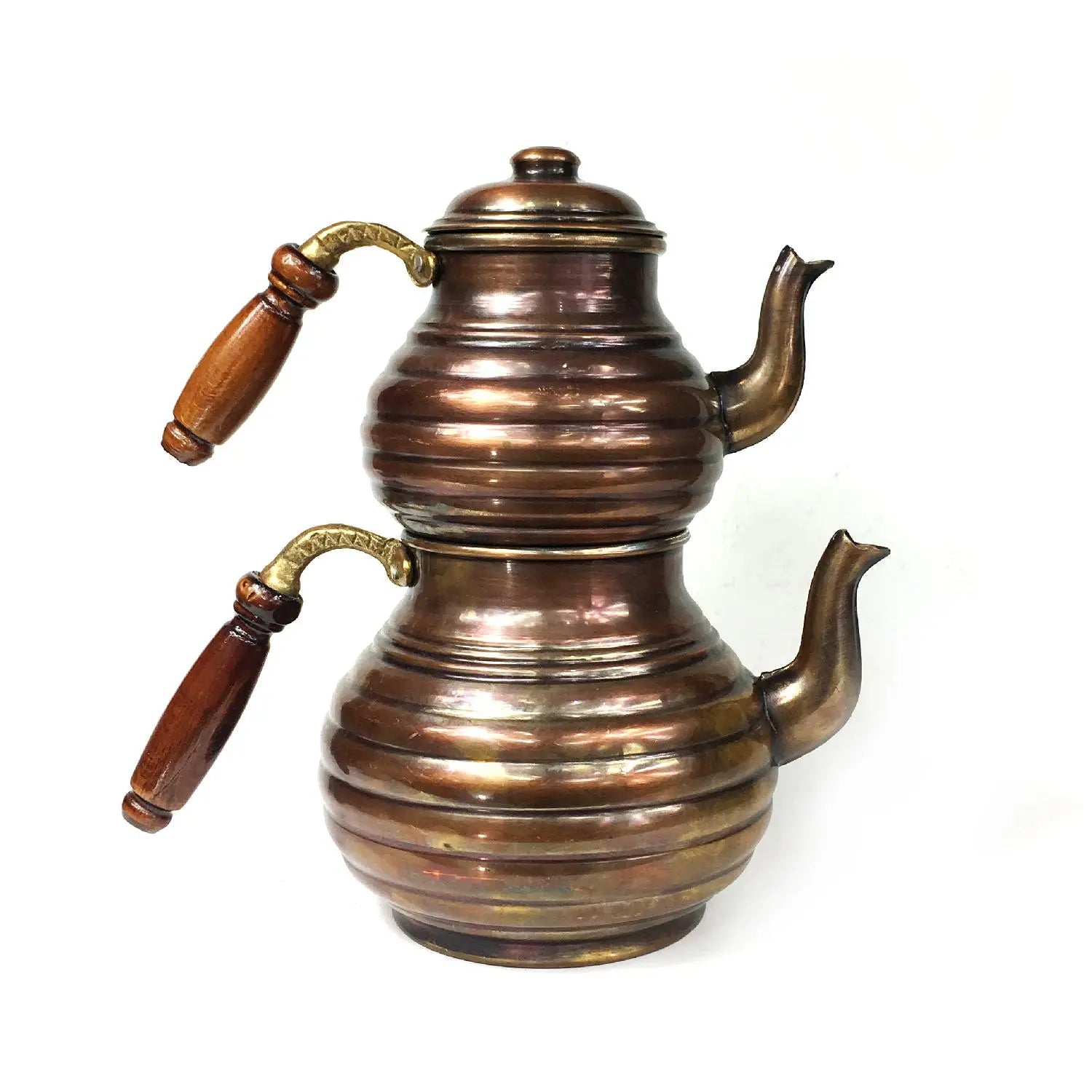 Handmade Hand Hammered Copper Turkish Stovetop Tea Kettle Sliced Teapot Set OXIDE Color