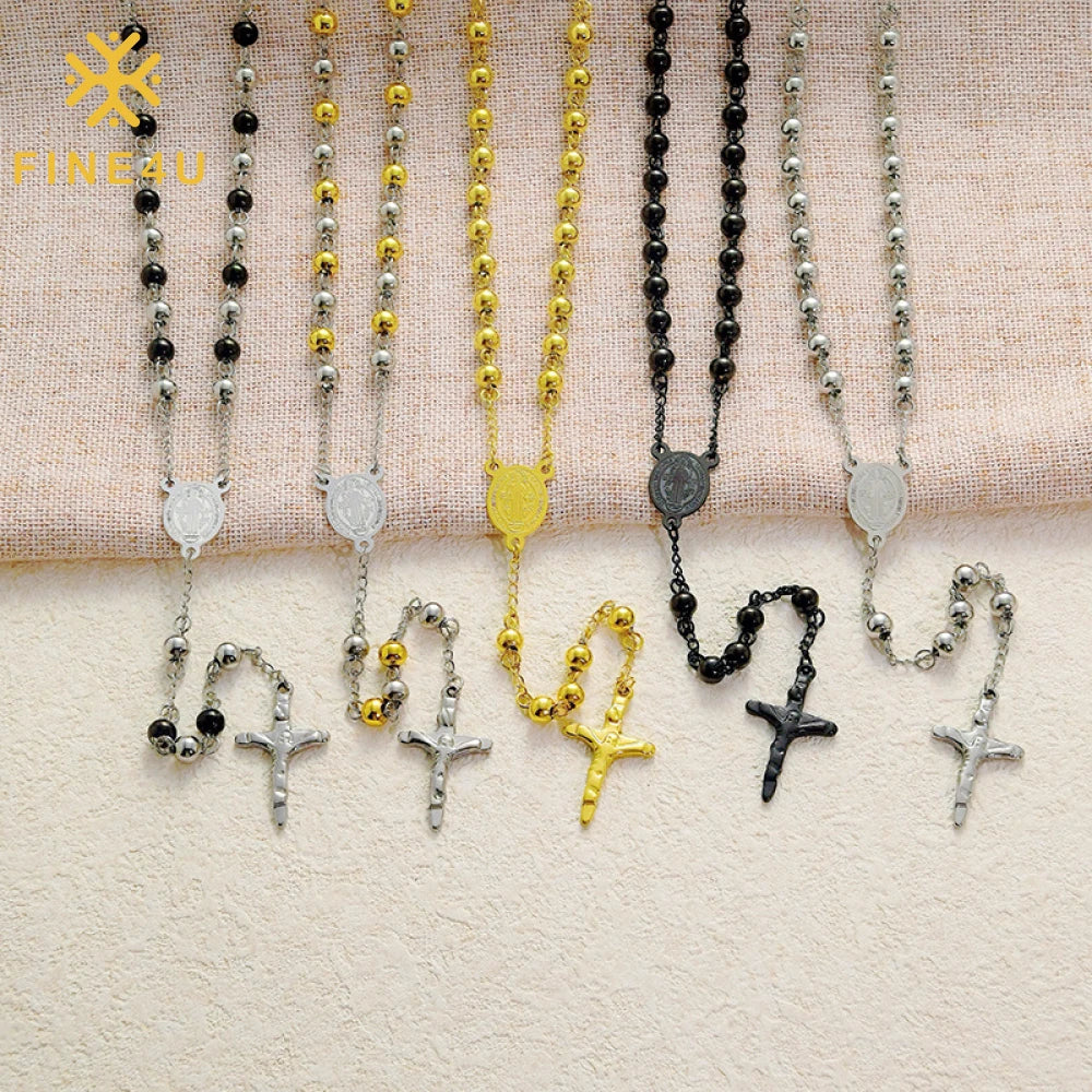 Christian Catholicism Long Stainless Steel Bead Chains Hot Selling Rosary Prayer Beads Cross Religious Necklace Jewelry MegaBDM