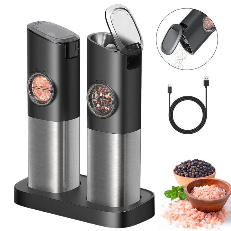Custom Automatic USB Rechargeable Pepper Mill Dual Charging Base Dust Lids Gravity Electric Salt and Pepper Grinder Set