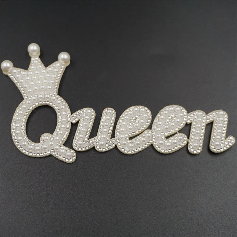 Queen Pearl Beads Crown Patch Rhinestone Decal Clothing DIY Stitching Letter Embroidered Rhinestone Adhesive Letters