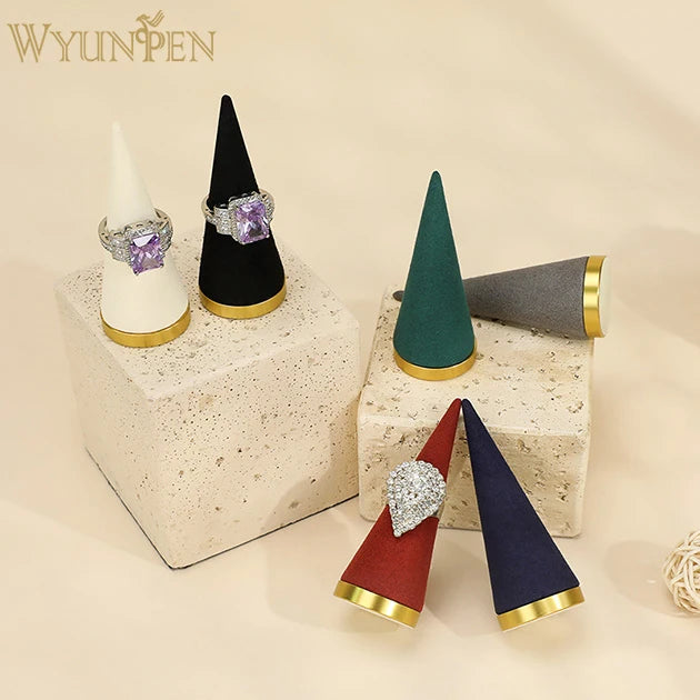 WYP New Design Luxury Ring Display Microfiber&Golden Metal Jewelry Display Ring Rack Jewelry Cone Ring Holder