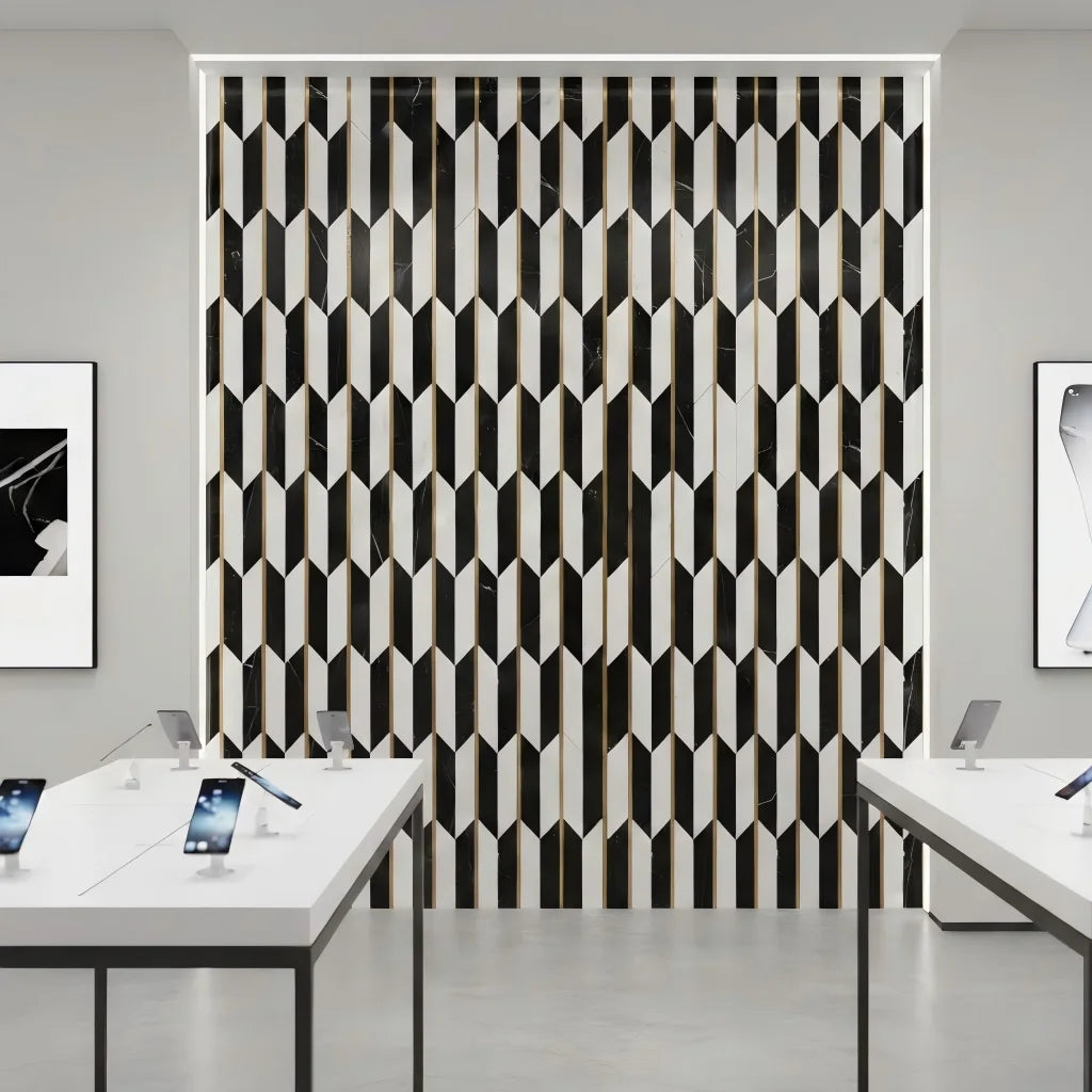 Cheap Modern Ceramic Marble Mosaic Tile White Black Brass | Mobile Phone Shop Interior Design