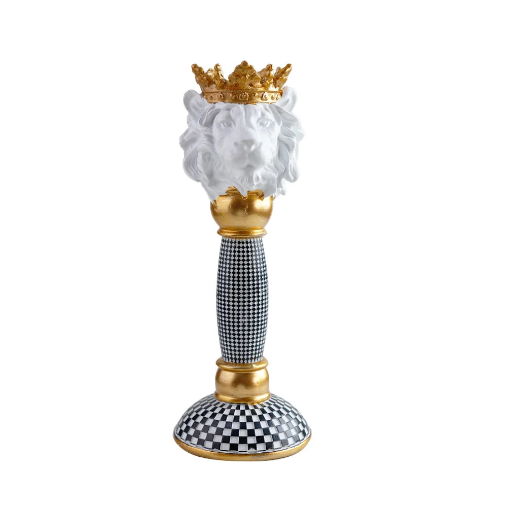 Golden Crown White Lion Resin Hand-painted Animal Candlestickwith Chessboard Base Diamond Pattern Christmas Household Decor