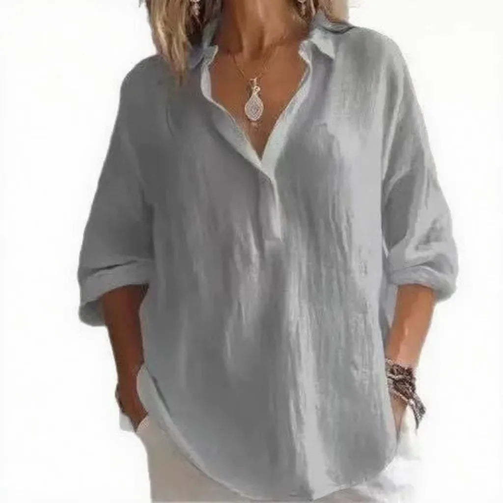 2025 Spring/Summer European and American Women's Solid-Color Casual Loose-Fit Long-Sleeve Linen V-Neck Blouse